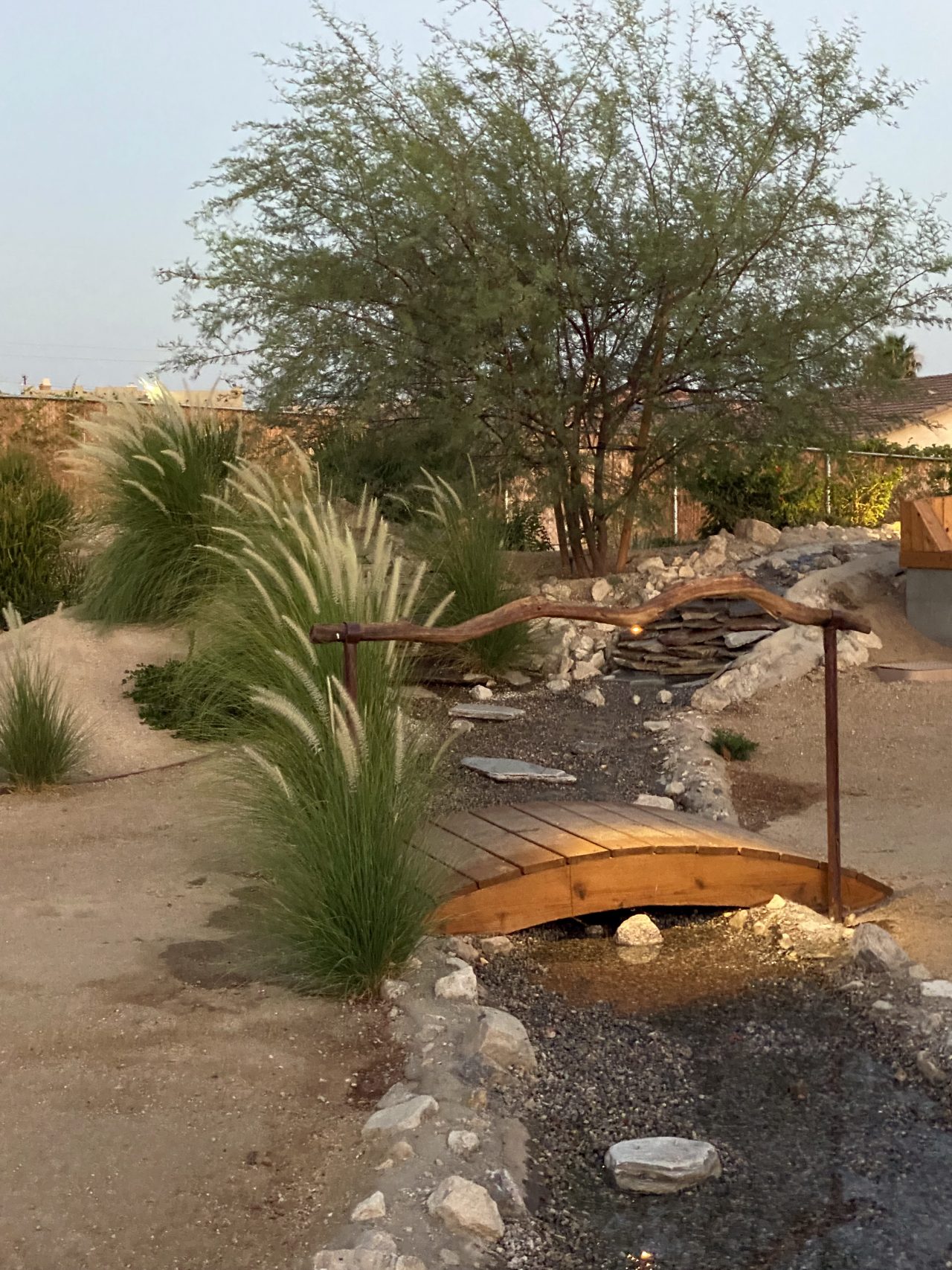 The desert oasis with footbridge over stream