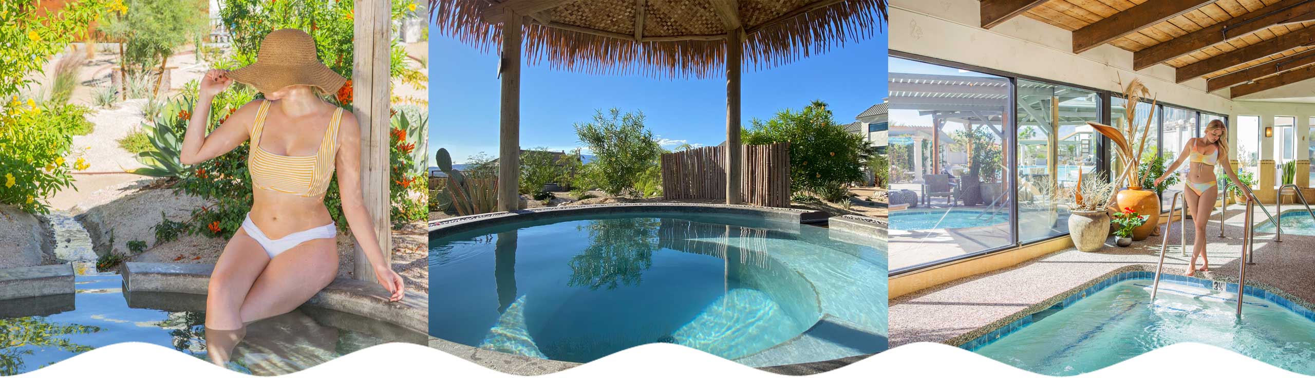 Woman soaking in desert oasis hot springs