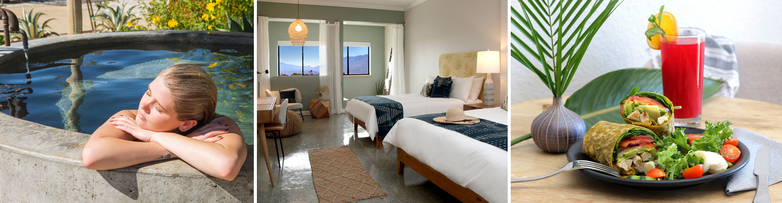 Soaking in Oasis tub, Guest rooms, and cafe wrap with watermelon-ade