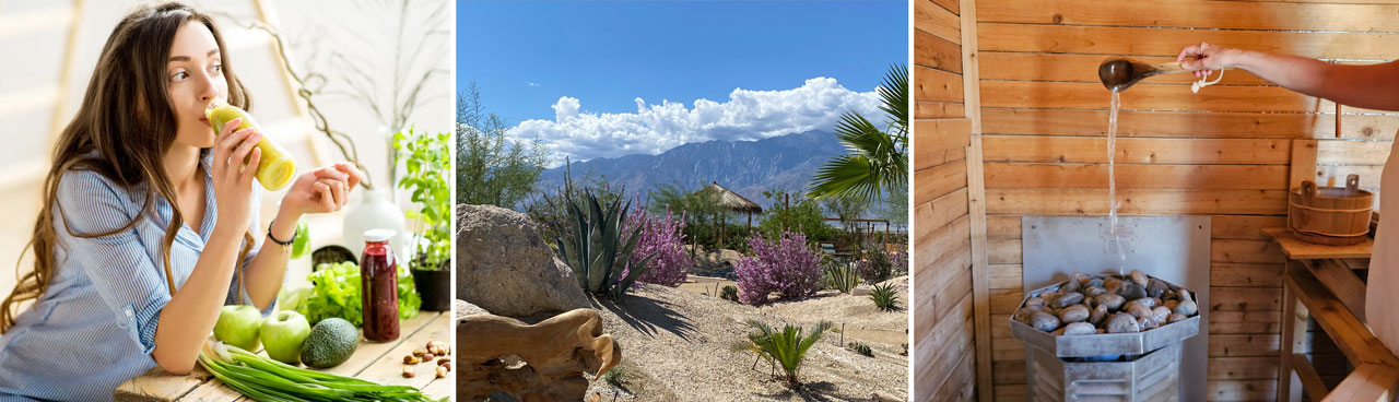 Woman juice fasting; relaxing view of the mountains from thw oasis; pouring water on hot rocks in sauna